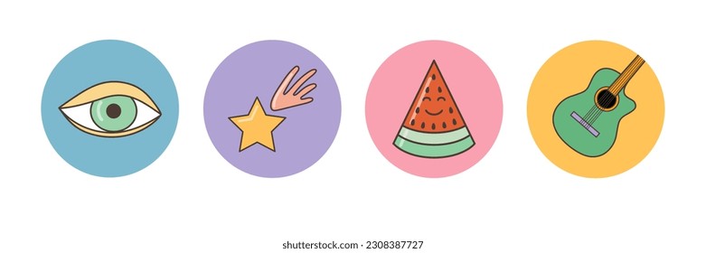 Funny cartoon eye, star, watermelon, guitar  icons. Isolated  cartoon vector illustration. Sticker pack in trendy retro psychedelic style. Groovy hippie 70s set. 