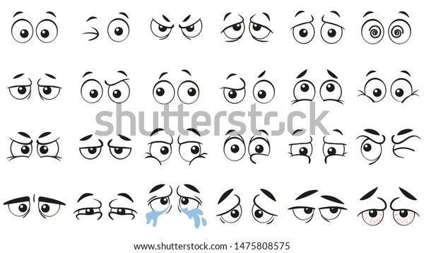 おかしな漫画の目 人間の目 怒った 幸せそうな表情 喜劇的な顔のキャラクター戯画 人間の目の感情が落書き 分離型ベクターイラストアイコンセット のベクター画像素材 ロイヤリティフリー