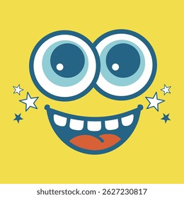 Engraçado rosto de desenho animado com olhos grandes e largo sorriso no fundo amarelo