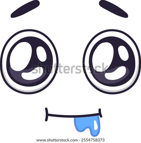 Funny cartoon face with big, round eyes, small eyebrows, a smiling mouth, and drool dripping down its chin expresses extreme hunger in this vector illustration