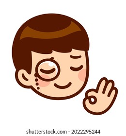 Funny cartoon face of cute anime boy with monocle and OK finger gesture. High class, good taste approval sign. Isolated vector clip art illustration.