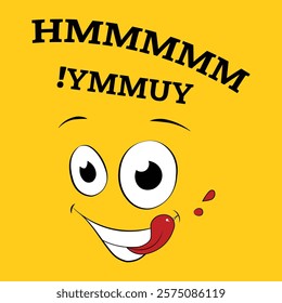 Funny Cartoon Face with Playful Expression and Yummy Text Design - Yellow Background.