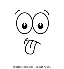 Funny Cartoon Face with Silly Eyes and Tongue Out. Black-and-white illustration of a humorous cartoon face with large, exaggerated eyes and a tongue sticking out.