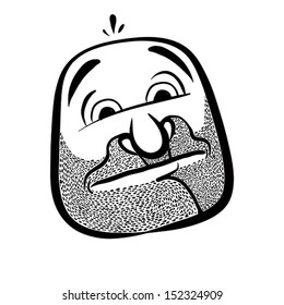 Funny cartoon face with stubble, black and white lines vector illustration.