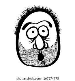 Funny cartoon face with stubble, black and white lines vector illustration.