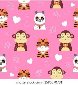 Funny cartoon faces of animals in glasses – seamless pattern for wallpapers, greeting cards, kids and baby t-shirts and wear. Baby shower and gender reveal party. Exotic animals. Vector  illustration.