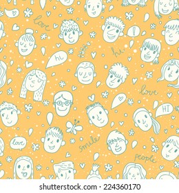 Funny cartoon faces of boys and girls in yellow colors. Seamless pattern can be used for wallpapers, pattern fills, web page backgrounds,surface textures. Gorgeous cartoon seamless background