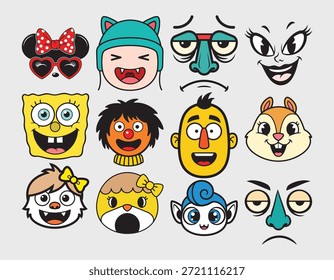 Funny cartoon faces collection with cute animal and human expressions, emotional emoji characters, and expressive comic style design