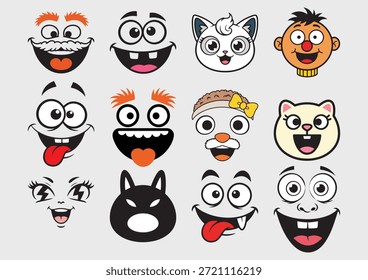 Funny cartoon faces collection of expressive emoji characters showing emotions, cute animals and silly people expressions vector set