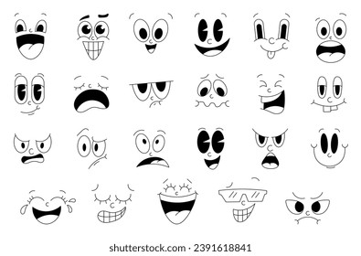 Funny cartoon faces. Coloring Page. Caricature comic emotions. Hand style. Vector drawing. Collection of design elements.