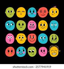 Funny cartoon faces. Drawing set of facial expressions. Flat style characters. Vector illustration