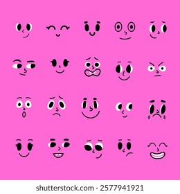 Funny cartoon faces. Drawing set of facial expressions. Flat style characters. Vector illustration