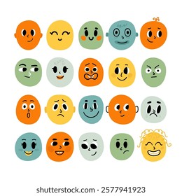 Funny cartoon faces. Drawing set of facial expressions. Flat style characters. Vector illustration