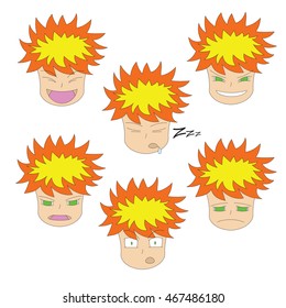 Funny cartoon faces emotions in anime style, icons boy.
