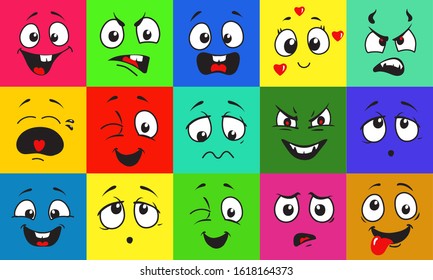 Funny cartoon faces with emotions on bright colored background. Facial doodle avatar expressions vector illustrations set