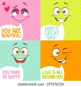 Funny cartoon faces with emotions on bright colored background with motivation phrase in cloud