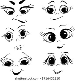 Funny cartoon faces. Expressive eyes and mouth.Human eye, angry and happy facial eyes expressions. Comic facial character caricature, human eye emotions doodle. Isolated vector illustration icons set.