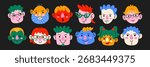 Funny cartoon faces and mascot characters in retro cartoon style. Elements: smiling head, glasses, beard, hairstyle. Collection of playful avatars for stickers, profile icons and social media