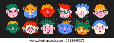 Funny cartoon faces and mascot characters in retro cartoon style. Elements: smiling head, glasses, beard, hairstyle. Collection of playful avatars for stickers, profile icons and social media