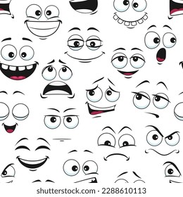 Funny cartoon faces seamless pattern background, vector emoticons or funny happy cute smiles. Cartoon emoji face pattern with comic fun expressions, eye and mouth emoticon characters in doodle pattern