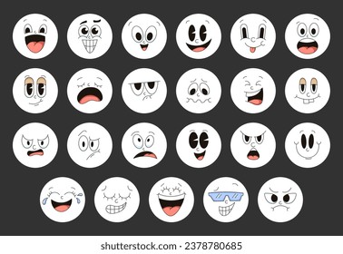 Funny cartoon faces. Sticker Bookmark. Caricature comic emotions. Hand style. Vector drawing. Collection of design elements.