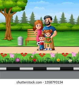 Funny cartoon family in the beautiful park