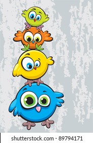 Funny cartoon family of birds standing on each other