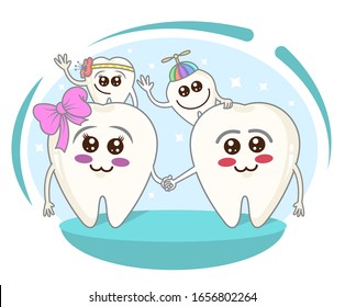 Funny cartoon family teeth characters. Design for print, emblem, t-shirt, children's dentistry.