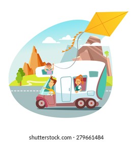 Funny cartoon family traveling in trailer. Family vacation vector illustration for design