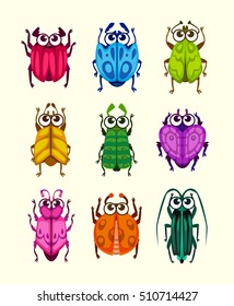 Funny cartoon fantasy bugs set. Comic colorful beetle icons collection. Vector assets for game design.