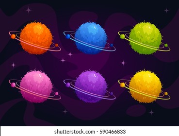 Funny cartoon fantasy furry planets set. Vector icons on space background.