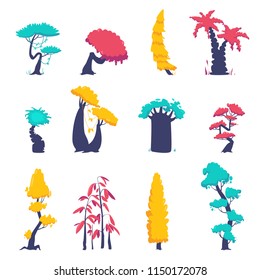 Funny cartoon fantasy shape tree set, vector nature elements, isolated on white. Vector illustration for games