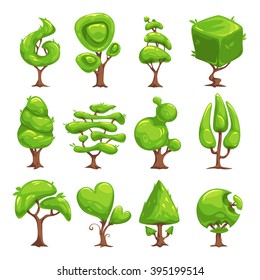 Funny cartoon fantasy shape tree set, vector nature elements, isolated on white