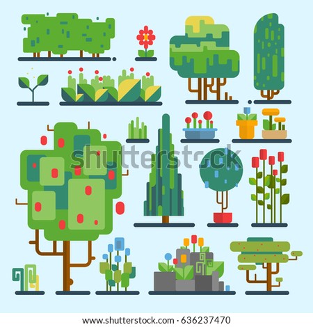 Funny cartoon fantasy shape tree set vector nature elements enviroment wood graphic illustration