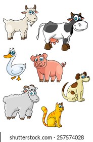 Funny cartoon farm animals and bird characters depicting cow, sheep, pig, dog, cat, goat, goose suited for childish decor or education concept design