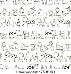 Funny Cartoon Farm Domestic Animals Seamless Pattern for Kids Coloring Page. Countryside cottage animals illustration for children coloring book. Vector EPS10.