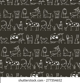 Funny Cartoon Farm Domestic Animals Seamless Pattern for Kids on Black. Countryside cottage animals background illustration. Vector EPS10.