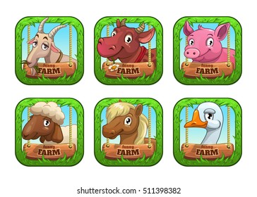 Funny cartoon farm game logo templates. Application store vector icons with cute animal faces.