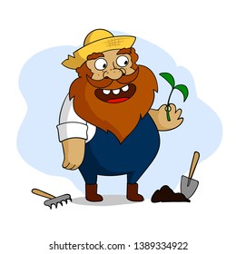 Funny cartoon farmer with a red beard is planting a flower. Vector illustration