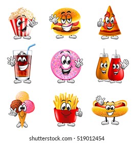 Funny cartoon fastfood icons detailed realistic vector set