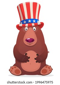 Funny cartoon fat bear wearing Uncle Sam hat. Grizzly character design for  American Independence Day. Vector illustration for print, poster or invitation for USA 4th of July holiday