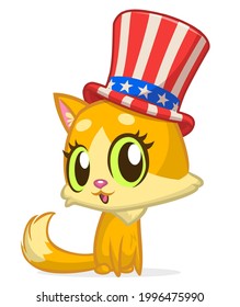 Funny cartoon fat cat sitting and wearing Uncle Sam hat. Kitty character design for  American Independence Day. Vector illustration for print, poster or invitation for USA 4th of July holiday