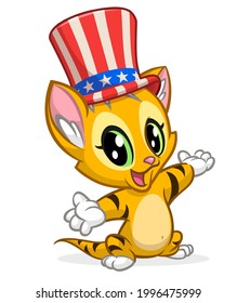 Funny cartoon fat cat sitting and wearing Uncle Sam hat. Kitty character design for  American Independence Day. Vector illustration for print, poster or invitation for USA 4th of July holiday