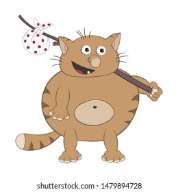 funny cartoon fat red cat holds on his shoulder a bag on a stick for travel.
