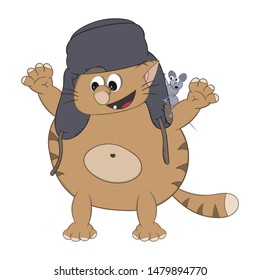 funny cartoon fat red cat in a cap with earflaps holds a small mouse on his shoulder and rejoices.