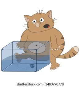 A funny cartoon fat red cat sits and looks at the skeleton of a fish lying in the aquarium.