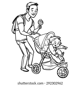 Funny cartoon father with baby stroller. Vector illustration isolated background