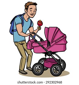 Funny cartoon father with baby stroller. Vector illustration isolated background