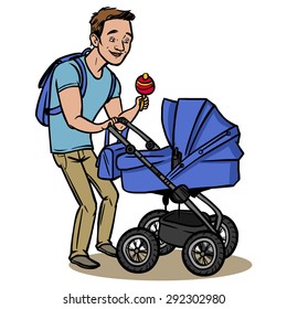 Funny cartoon father with baby stroller. Vector illustration isolated background
