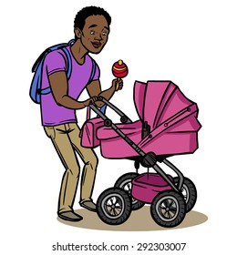 Funny cartoon father with baby stroller. Vector illustration isolated background